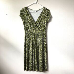 Boden Dress 6 Lime Green Leopard Print Stretchy Jersey Knit Knee Length Y2K